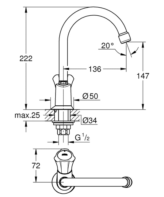 Grohe Costa L Pillar Basin Tap for Cold Water with Swivel Spout in Chrome - 20393001