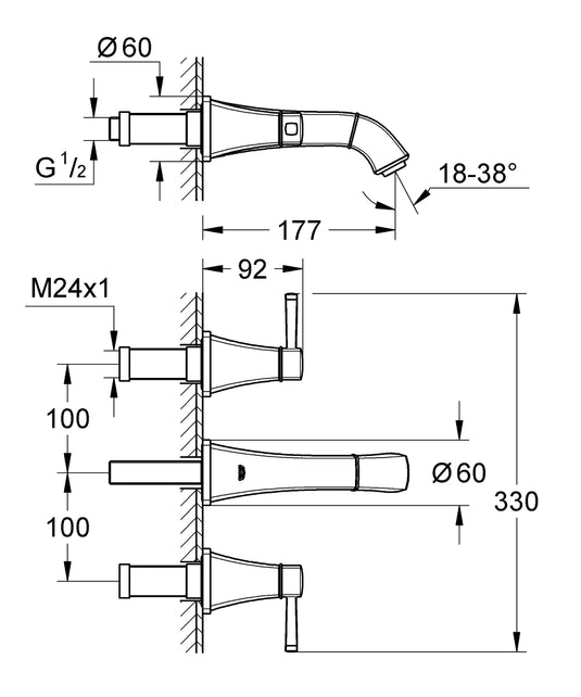 Grohe Spa Grandera 3-Hole Wall Mounted Basin Mixer in Chrome, S-Size - 20414000