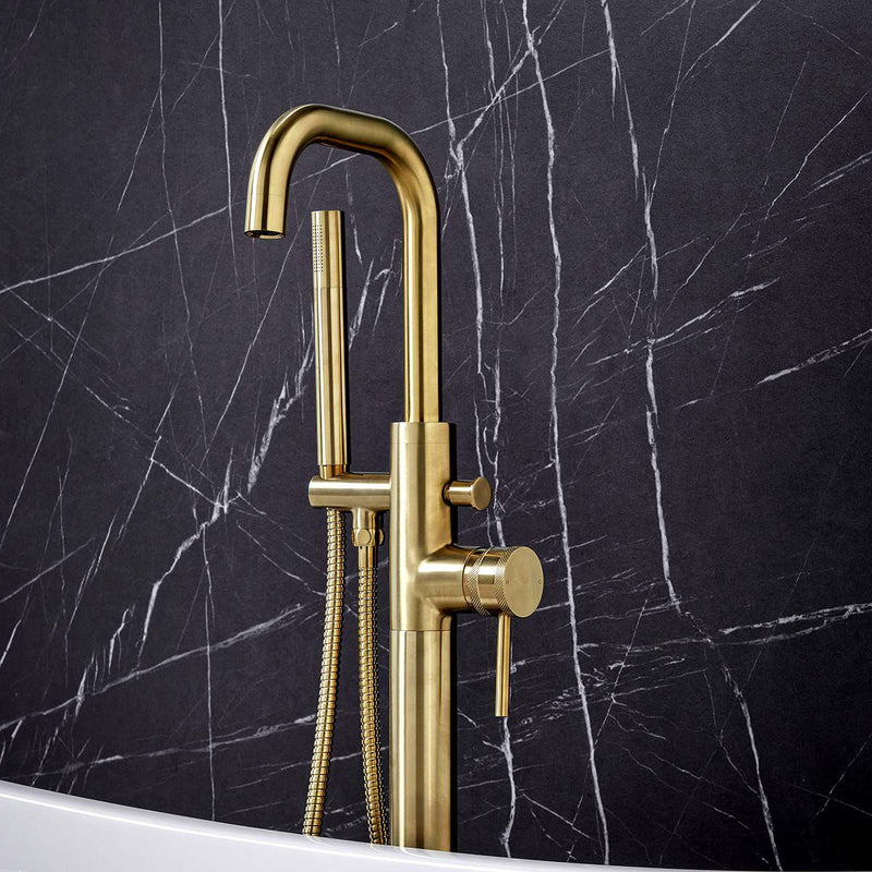 Load image into Gallery viewer, Scudo Core Freestanding Bath Shower Mixer Tap in Brushed Brass - NU-018
