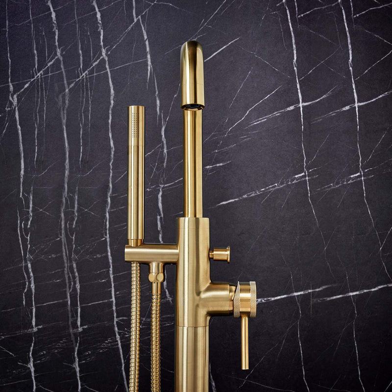 Load image into Gallery viewer, Scudo Core Freestanding Bath Shower Mixer Tap in Brushed Brass - NU-018
