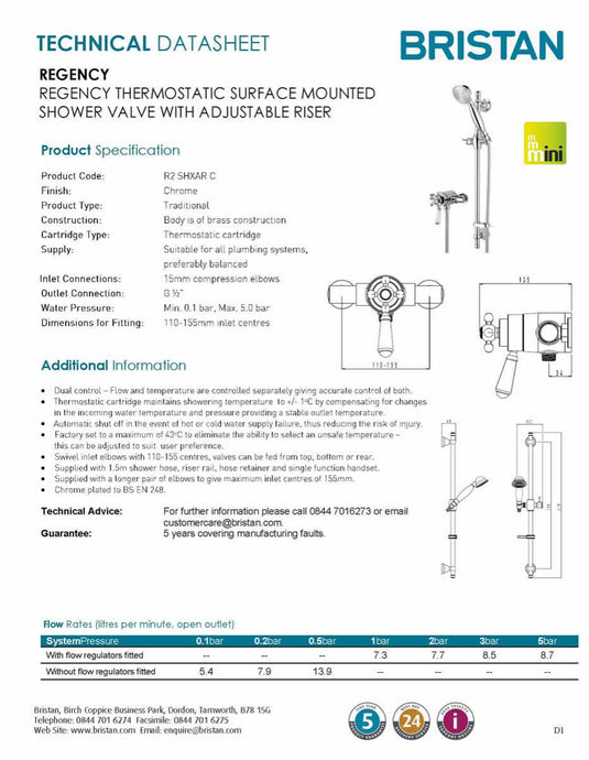 Bristan Regency2 Thermostatic Surface Mounted Shower Valve with Shower Kit - Premium Taps