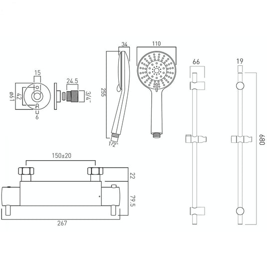 Vado Celsius Thermostatic 4 Function Shower Kit with Wall Brackets - Premium Taps